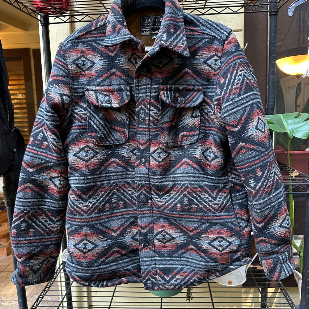 JACHS New York Men's Geometric Jacket Sherpa Lined- Black and Red Pattern Wool
